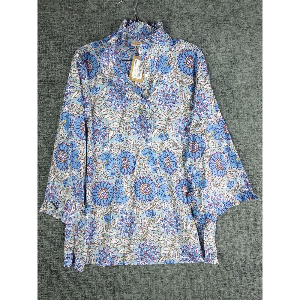 NWT Rungolee Jacqueline Blouse Womens L Blue Floral Block Print Ruffle Boho Reso